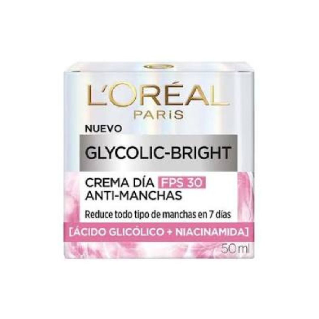 Crema Hidratante Facial Día Loreal Paris Glycolic Bright Antimanchas Ácido Glicólico Y Niacinamida 50 Ml